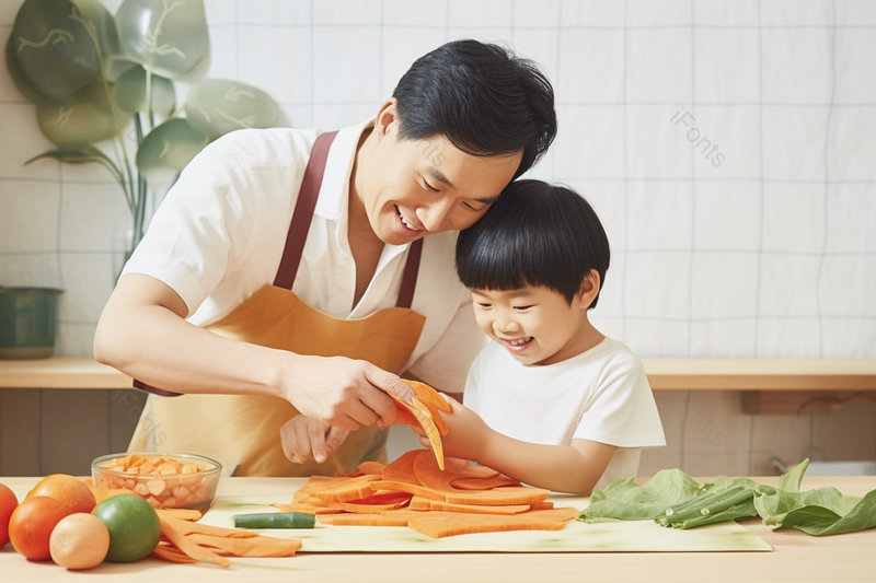 幸福家庭父亲父子父亲陪伴蔬菜厨艺比拼,高清,摄影图,摄影图片,图片大全,摄影图免费下载